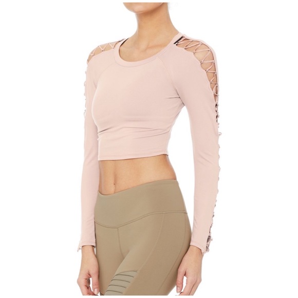ALO Yoga Tops - HIGH LINE LONG SLEEVE LACE UP TOP Nectar M EUC